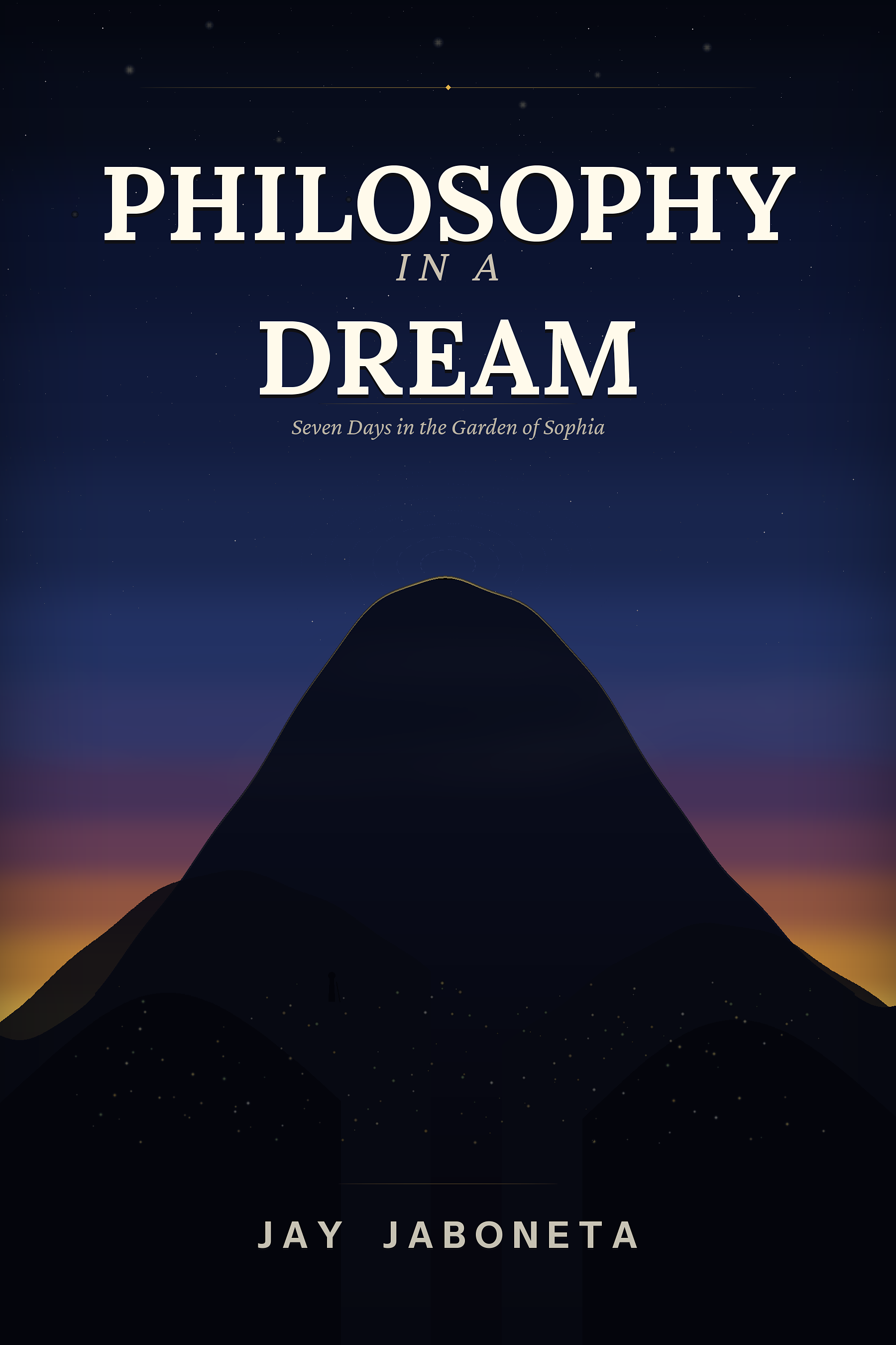 Philosophy in a Dream front cover — mountain silhouette at dawn, bold cream title text